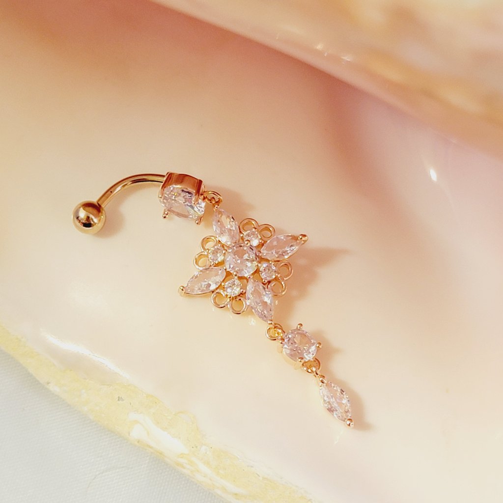 14g Rose Gold Plated Dangle Belly Ring With Decorative Plus Shape Charm Clear Cz